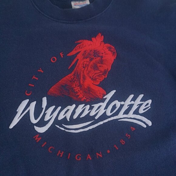 Vintage '90S Puff Print Wyandotte City Navy Crewneck Sweater Large By Hanes - Picture 8 of 10